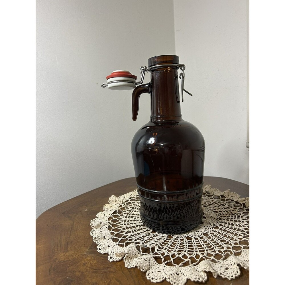 2 liter German Beer Growler. Amber Glass Bottle w/handle Swing Top Lid